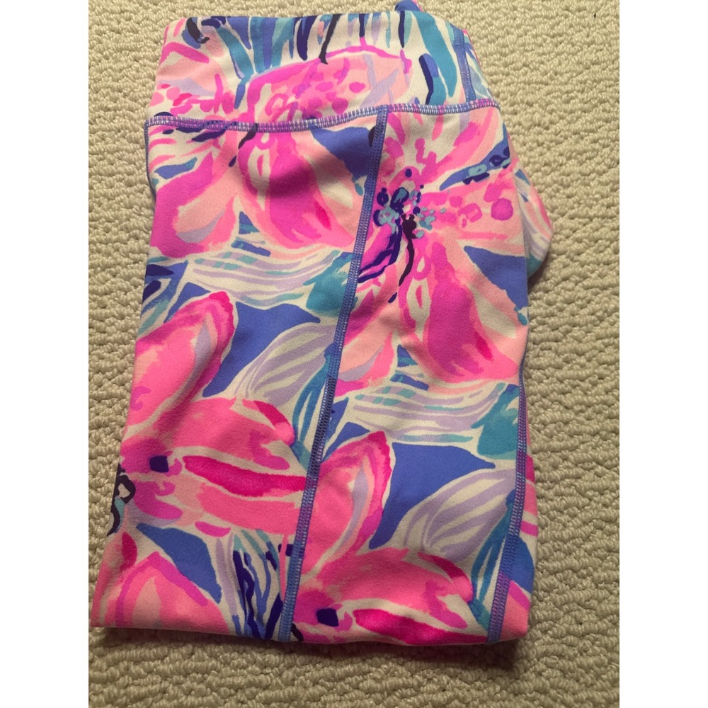 Lilly Pulitzer Luxletic Cropped Leggings Pink Blue Floral Side Pocket Medium